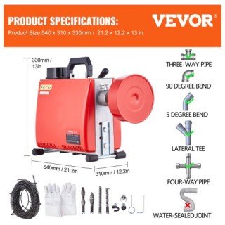 VEVOR Μηχανή Καθαρισμού Αποχέτευσης 20m x 16mm 250W Χειροκίνητο Τρο...