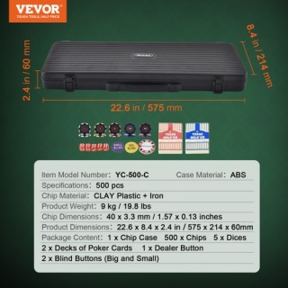 Σετ Πόκερ VEVOR 500 Τεμαχίων με Βαλιτσάκι, Μάρκες 14g, Τράπουλες, Κ...