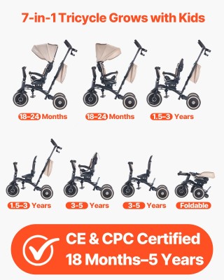 VEVOR Παιδικό Τρίκυκλο και Καρότσι 7 σε 1 με Χειρολαβή, Τέντα και Π...