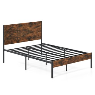 Costway Μεταλλικό Κρεβάτι με Ξύλινη Κεφαλή και Υποπόδιο, Βιομηχανικ...