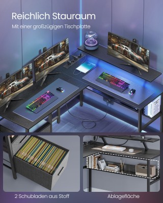 Γραφείο Γωνιακό με Ράφι & LED, 2 Συρτάρια, 2 USB, Μαύρο VASAGLE Γραφείο Γωνιακό με Ράφι & LED, 2 Συρτάρια, 2 USB, Μαύρο VASAGLE