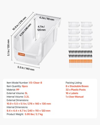 VEVOR Διάφανα Πλαστικά Στοιβαζόμενα Κουτιά Αποθήκευσης (8 τεμάχια),...