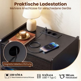 Costway Μοντέρνο κομοδίνο LED με σταθμό φόρτισης, 2 συρτάρια και με...