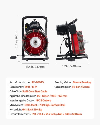 VEVOR Μηχανή Καθαρισμού Αποχέτευσης 15m x 13mm, Χειροκίνητο Τροφοδό...