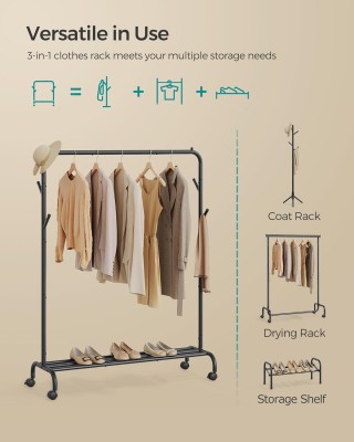 Μεταλλική Τροχήλατη Κρεμάστρα Ρούχων  Δαπέδου 103.5x41x155cm - Μαύρ...