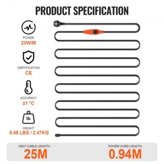 VEVOR Καλώδιο Θέρμανσης Σωλήνων 25μ 23W/m με Ενσωματωμένο Θερμοστά... VEVOR Καλώδιο Θέρμανσης Σωλήνων 25μ 23W/m με Ενσωματωμένο Θερμοστά...