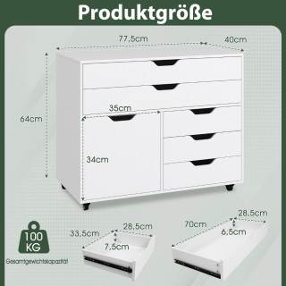 Costway Κινητός Λευκός Αρχειοθήκης με 5 Συρτάρια για Οργάνωση και Σ...