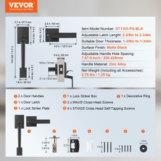 VEVOR Τετράγωνο σετ χειρολαβής εξώπορτας με μανιβέλα, χωρίς κλειδαρ...