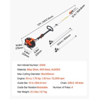VEVOR Πετρελαιοκίνητο Κονταροπρίονο με Περιστρεφόμενη Κεφαλή 43CC 1... VEVOR Πετρελαιοκίνητο Κονταροπρίονο με Περιστρεφόμενη Κεφαλή 43CC 1...