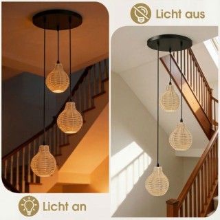 Costway Τρίφωτο Μποέμ Κρεμαστό Φωτιστικό Ρατάν, Χειροποίητος Φυσικό...