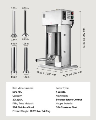 VEVOR Ηλεκτρικός Γεμιστήρας Λουκάνικων 10L με Ρυθμιζόμενη Ταχύτητα,... VEVOR Ηλεκτρικός Γεμιστήρας Λουκάνικων 10L με Ρυθμιζόμενη Ταχύτητα,...