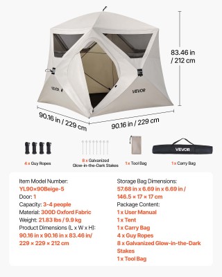 VEVOR Σκηνή Camping Pop Up Cabin για 4 Άτομα, με Μεγάλα Διχτυωτά Πα...