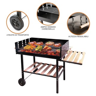 Galileo Ορθογώνια ψησταριά από ανθρακοχάλυβα με ρόδες, ξύλινα ράφια...