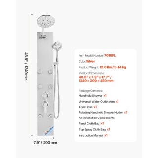 VEVOR Σύστημα Στήλης Ντους Ανοξείδωτο με Κεφαλή Βροχής και Μασάζ Je...