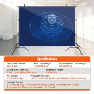 VEVOR Ρυθμιζόμενο Σταντ Φόντου 12x10 ft με 6 Σφιγκτήρες και Τσάντα ... VEVOR Ρυθμιζόμενο Σταντ Φόντου 12x10 ft με 6 Σφιγκτήρες και Τσάντα ...