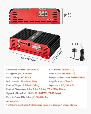VEVOR Ενισχυτής Αυτοκινήτου Monoblock 1500W, 1 Κανάλι, Class D με Τ...