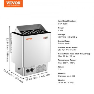 VEVOR  8KW Ηλεκτρική Σάουνα Ενσωματωμένος Έλεγχος 8-12 m3 Ανοξείδωτ...