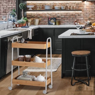 BAKAJI Μεταλλικό Καρότσι Κουζίνας με 3 Ξύλινα Ράφια και 4 Ρόδες Λευ... BAKAJI Μεταλλικό Καρότσι Κουζίνας με 3 Ξύλινα Ράφια και 4 Ρόδες Λευ...