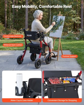 VEVOR Περιπατητήρας και Καροτσάκι 2 σε 1 για Ηλικιωμένους, Πτυσσόμε...