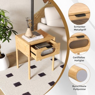 Costway Κομοδίνο Μπαμπού με Συρτάρι από Σκληρυμένο Γυαλί - Φυσικό 5...