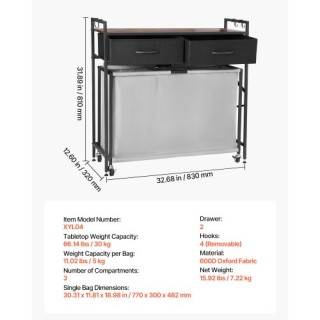 VEVOR Τρόλεϊ Ρούχων με Διαχωριστές, Συρτάρια, Γάντζους και Ρόδες XY...