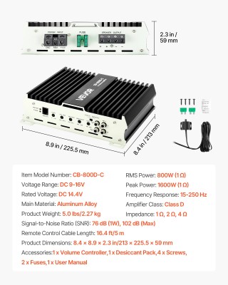 VEVOR Μονομπλόκ Ενισχυτής Αυτοκινήτου 800W RMS με Τηλεχειριστήριο Υ...