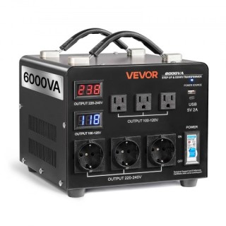 VEVOR Μετασχηματιστής Ισχύος Heavy Duty 6000VA, 110V/220V, 3 US & 3...