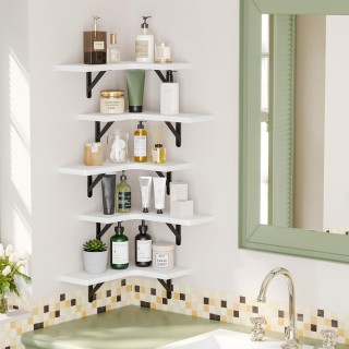 BAKAJI Σετ 5 Λευκών Ξύλινων Γωνιακών Ραφιών Τοίχου – Ράφι Γωνίας γι...