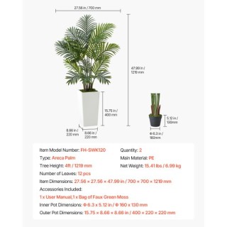 VEVOR 2 Τεχνητά Δέντρα Αρέκα σε Λευκή Γλάστρα, Εσωτερικού Χώρου RZR...