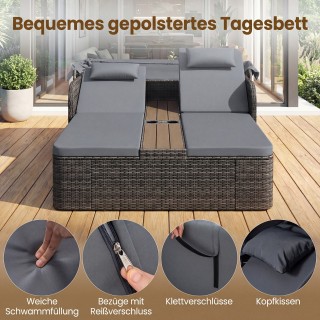 Costway Διπλή ξαπλώστρα Rattan με αναδιπλούμενο σκίαστρο, Γκρι, 141...