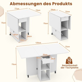 Πτυσσόμενο Τραπέζι Τροχήλατο με 2 Επιφάνειες Αποθήκευσης 120 x 72 x...