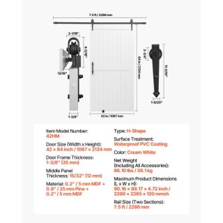 VEVOR Σετ Συρόμενης Πόρτας Αχυρώνα με Κιτ Εξαρτημάτων 1067 x 2134mm...