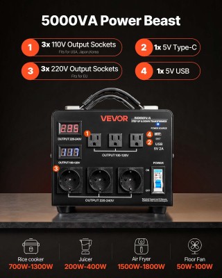 VEVOR Μετασχηματιστής Τάσης 5000VA για Βήμα Πάνω/Κάτω, 110V σε 220V... VEVOR Μετασχηματιστής Τάσης 5000VA για Βήμα Πάνω/Κάτω, 110V σε 220V...