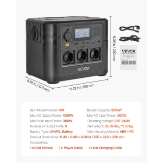 VEVOR Φορητός Σταθμός Ενέργειας 1200W, Γεννήτρια 806Wh LiFePO4 με 9...