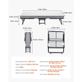 VEVOR Πτυσσόμενο Κρεβάτι με Στρώμα Αφρού 5 ιντσών για Ενήλικες & Επ... VEVOR Πτυσσόμενο Κρεβάτι με Στρώμα Αφρού 5 ιντσών για Ενήλικες & Επ...