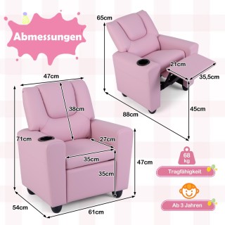 Costway Ροζ παιδική πολυθρόνα με λειτουργία relax, ρυθμιζόμενη πλάτ...
