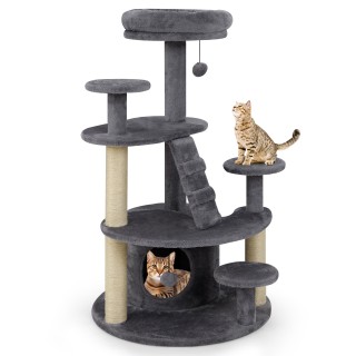 Costway Γκρι Ξύλινος Γατόδεντρο με Σπηλιά & Μπάλα & Σκάλα PV10346GR