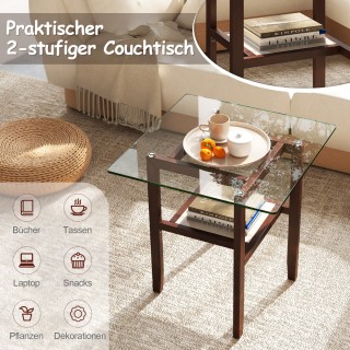 Costway Δίπατο γυάλινο τραπεζάκι σαλονιού 68x68x45 εκ. καφέ HV10725BN