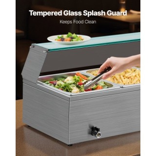 VEVOR Θερμαντήρας Φαγητού για Μπουφέ 3 Θέσεων με Γυάλινο Κάλυμμα, 1...