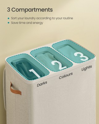 Songmics Καλάθι Απλύτων 190 L με 3 Χώρους, Καπάκι, Χερούλια και Αφα...