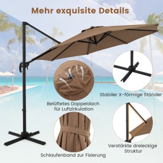 Costway Καφέ Περιστρεφόμενη Ομπρέλα Κήπου 300x300cm με Μανιβέλα NP1...