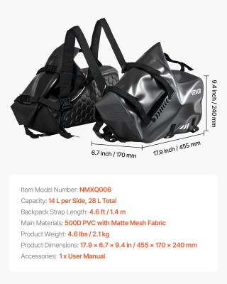 VEVOR Πλαϊνές Αδιάβροχες Σαμαράδες Μοτοσυκλέτας 28L (17.9x6.7x9.4 i...