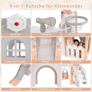 Costway  Παιδική Διασκέδαση 9 σε 1: Ροζ & Γκρι Τσουλήθρα με Μπασκέτ...