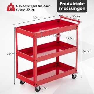 Costway Κόκκινο Μεταλλικό Καρότσι με 3 Επίπεδα Αποθήκευσης & Λαβή -...
