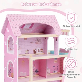 Costway Ξύλινο κουκλόσπιτο DIY για παιδιά με 33 έπιπλα, μπαλκόνι κα...