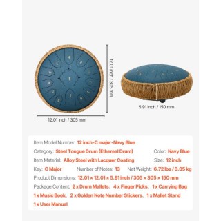 VEVOR Τύμπανο Χάλυβα 30,5cm με 13 Νότες σε Ντο Μείζονα, Σκούρο Μπλε...