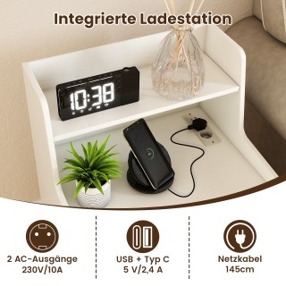 Costway Λευκό Κομοδίνο με LED Φώτα & Σταθμό Φόρτισης, 2 Συρτάρια & ...