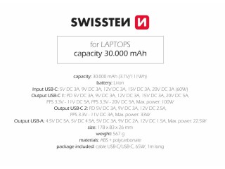 SWISSTEN Φορητός Φορτιστής 30,000 mAh με 133W Power Delivery - Γκρι...