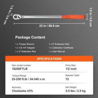 Ροπόκλειδο VEVOR 1/2, 20-250ft.lb/34-340n.m, Διπλής Κατεύθυνσης, Σε...