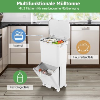 Costway Δίχωρος Κάδος Απορριμμάτων με Καπάκι & Κλειδωτές Ρόδες Πλασ...